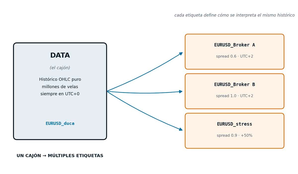 Un mismo histórico ("Data") puede alimentar varios instrumentos con condiciones de bróker distintas.