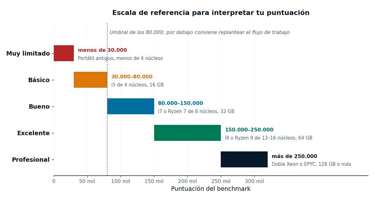 Escala de interpretación de la puntuación del benchmark, con el hardware típico de cada tramo.